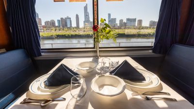 A dining car on a long-distance Amtrak train.