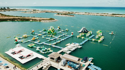 Overview of the 1.8-acre water "playground" area of Wai Kai Lagoon. AquaPeakz, the newest section, is at the upper right.