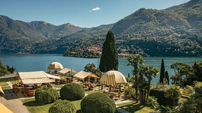 The restaurant and Italian garden at Passalacqua, a 24-room villa overlooking Lake Como.