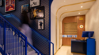 The entrance to the two-story BlueHouse lounge at New York's JFK Airport.