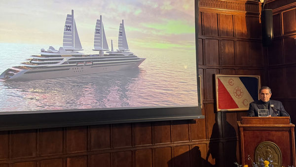 Mario Ferreira, owner of Atlas Ocean Voyages' parent company, announces the Atlas Adventurer at the Explorers Club in New York.