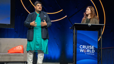 Arjun Sinsinwar, left, the chief inspiration officer ar Antara, speaks during a panel discussion on river cruising at CruiseWorld in Fort Lauderdale on Thursday. Travel Weekly river cruise editor Brinley Hineman, at right, served as a co-moderator.