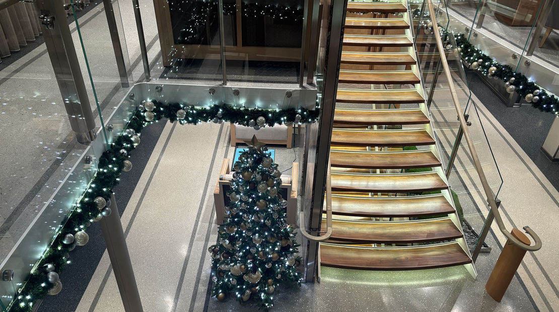 Viking has an understated approach to holiday decorating: white lights and silver ornaments.