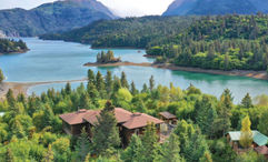 An aerial view of the Stillpoint Lodge on Halibut Cove in the Kenai Peninsula.